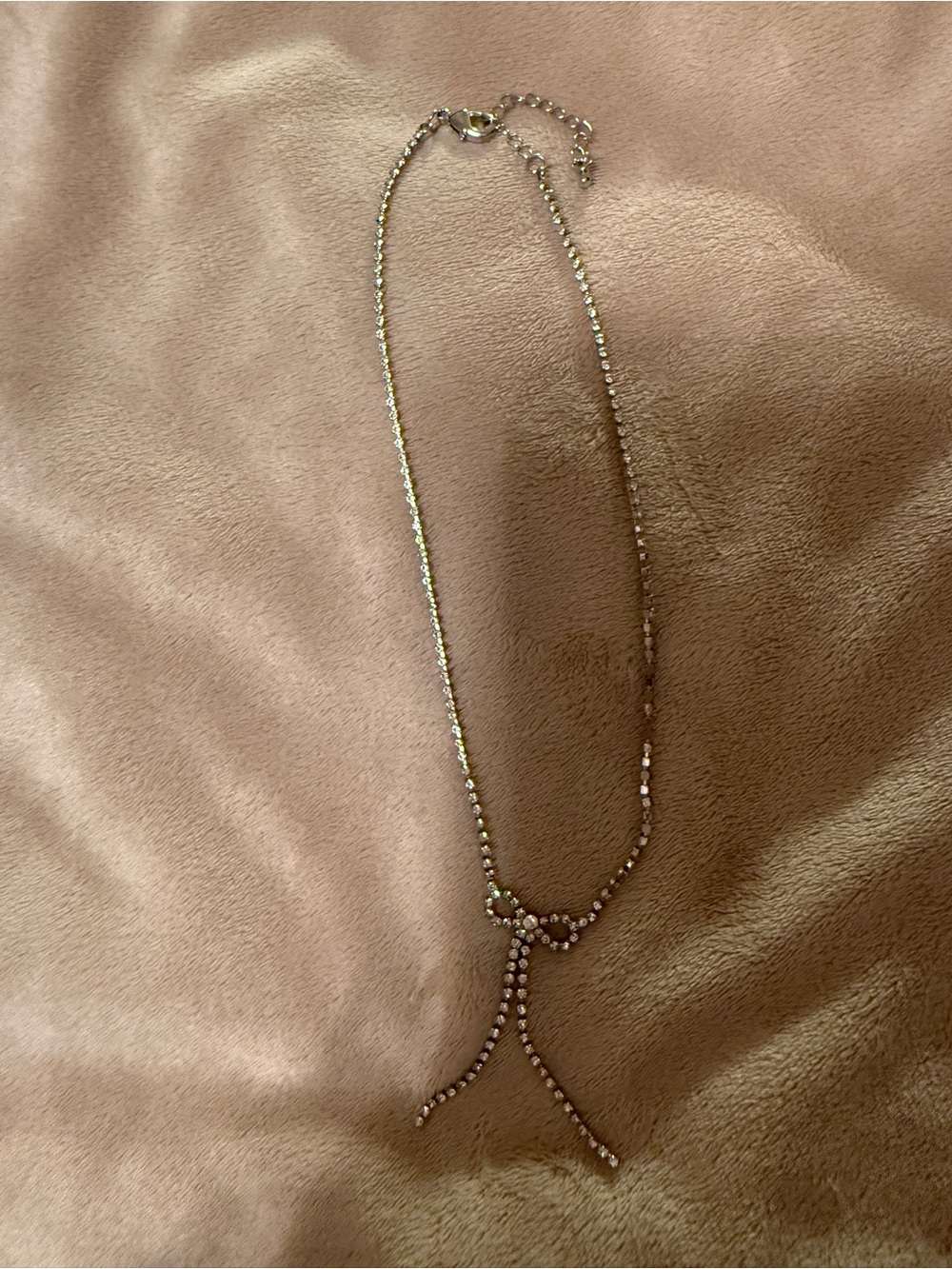 Rhinestone Bow Drop Necklace - Silver Tone